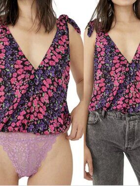 Intimately Free People Bare it All Bodysuit Black Pink Purple Floral sz M